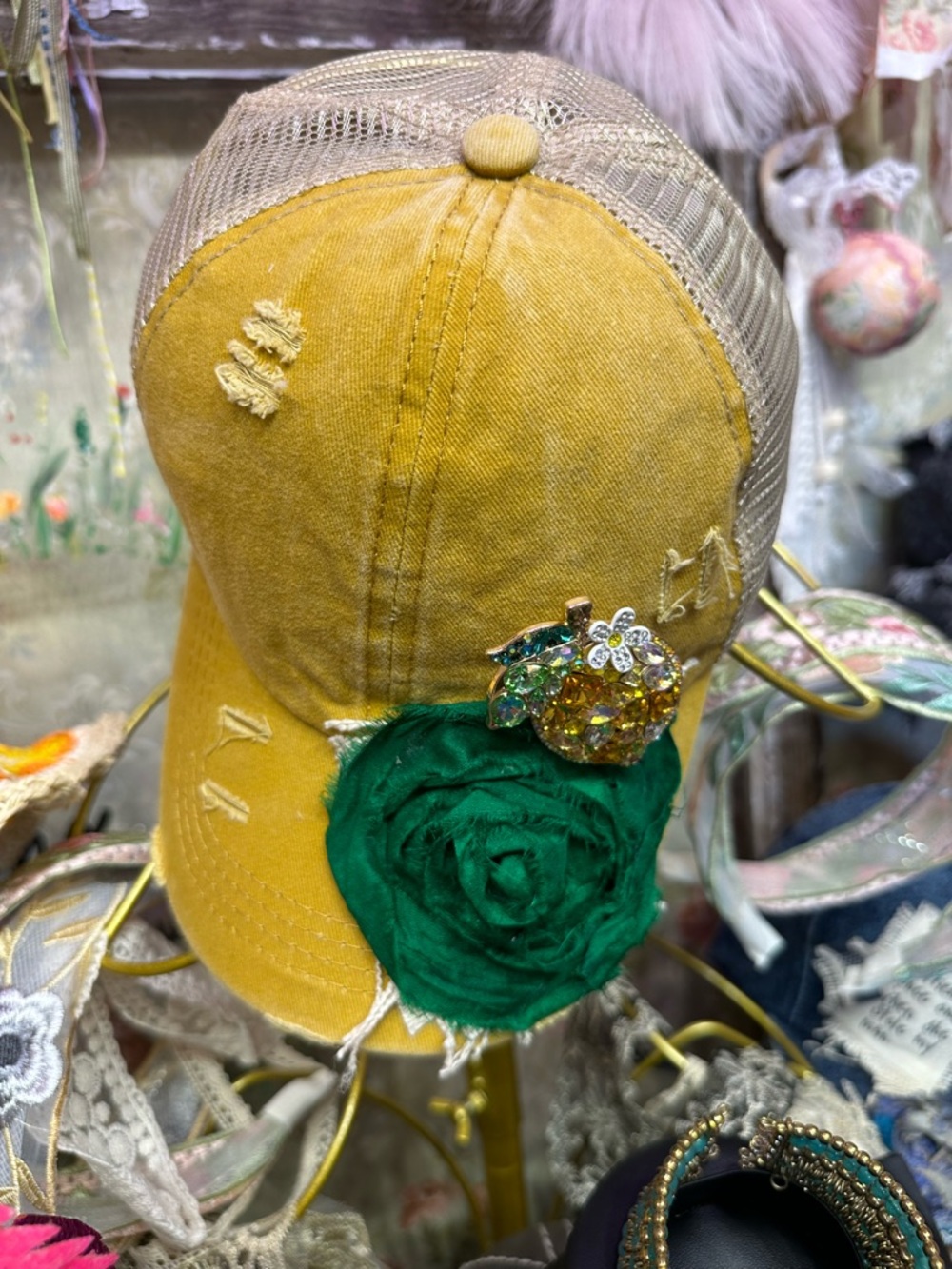 Women's Yellow Mesh Baseball Cap with Green Flower Accent